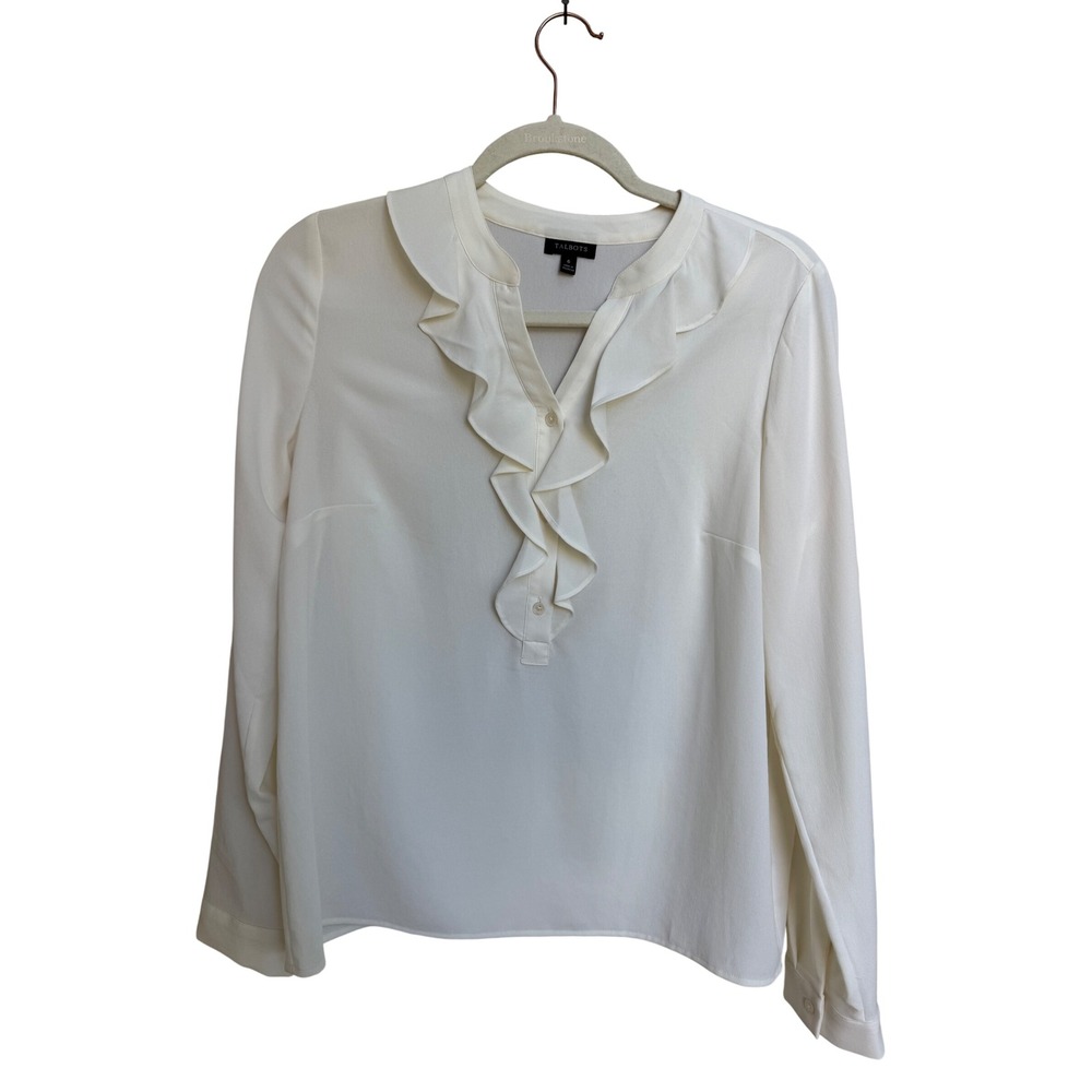 Talbots Ivory Ruffle Front Long Sleeve Blouse V-Neck Button Top Size 6